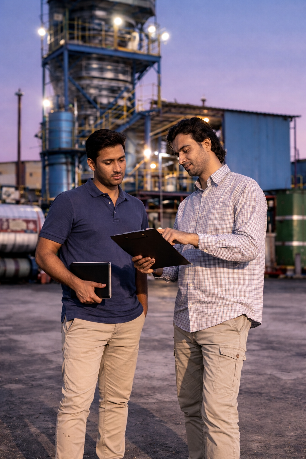 Engineers discussing at chemical plant